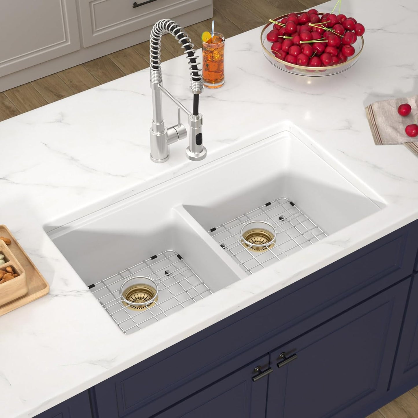 33 Inch Classic White Undermount Granite Composite Kitchen Sink Under Counter Quartz Single Bowl Sink Workstation Sinks with Accessories Quick Drain Noise Reduction Home Renovation Gold Accessories