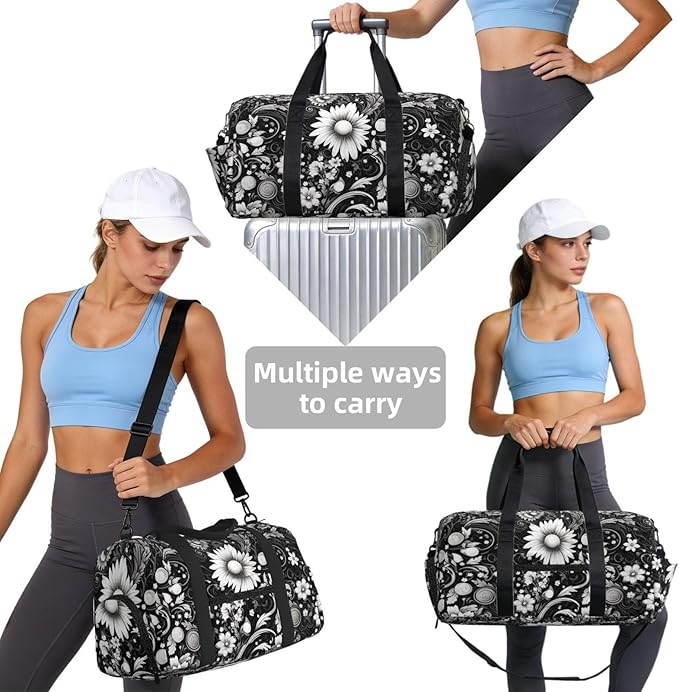 Black White Flower Sketch Sports Gym Bag For Men Women Travel Duffel Bag With Shoe Compartment Water Resistant Gym Bag Carry On Duffel Bag For Yoga Gym Sports Weekend Traveling