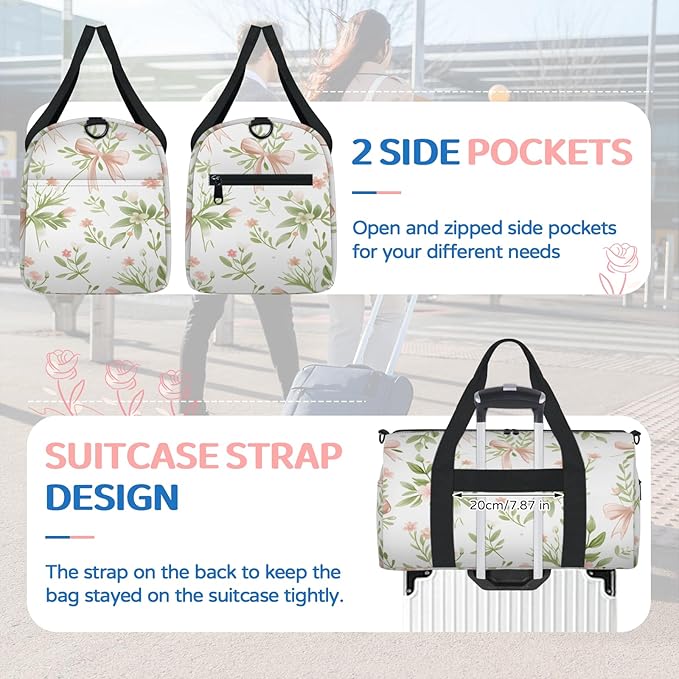Flower Bow Travel Duffle Bag for Women Men, Overnight Weekender Bag, Carry on Tote for Sport Gym