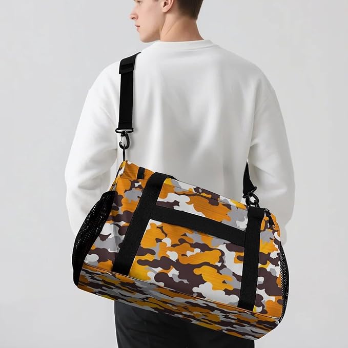 Waterproof Gym Bags Custom Orange Yellow Brown Camouflage Camo Duffel Bag with Name Adjustable Shoulder Strap Travel Bag for Teens Training Bag