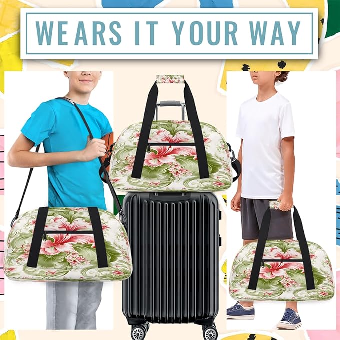 Duffle Bag for Women Men, Pink Green Floral Gym Bag for Travel Sports, Lightweight Waterproof Weekender Overnight Bags with Adjustable Strap