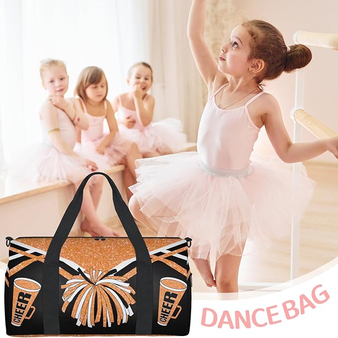Custom Sports Cheer Gym Bag for Women Teens, Orange Glitters Black Cheerleading Theme Personalized Travel Overnight Small Duffel Gymnastics Swimming Sleepover Overnight Sports Bag