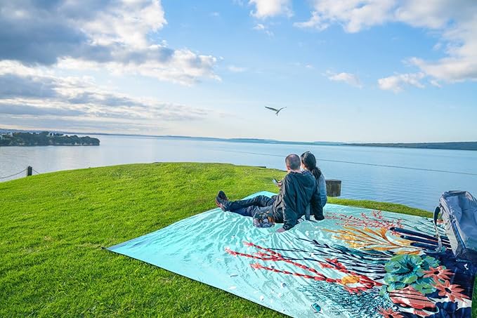 WEKAPO Beach Blanket Waterproof Sandproof Oversized, Extra Large Beach Mat Sand Free, Lightweight & Compact Sand Free Mat with 6 Stakes & 4 Corner Pockets