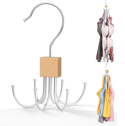 Tank Top Hanger,Rotatable Bra Hanger,Max 18 Storage Capacity Sports Bra Hangers,Space Saving Hangers for Dorm,Closet Organizers and Storage,Closet Organizer for Belt,Scarf, Purse,Wood