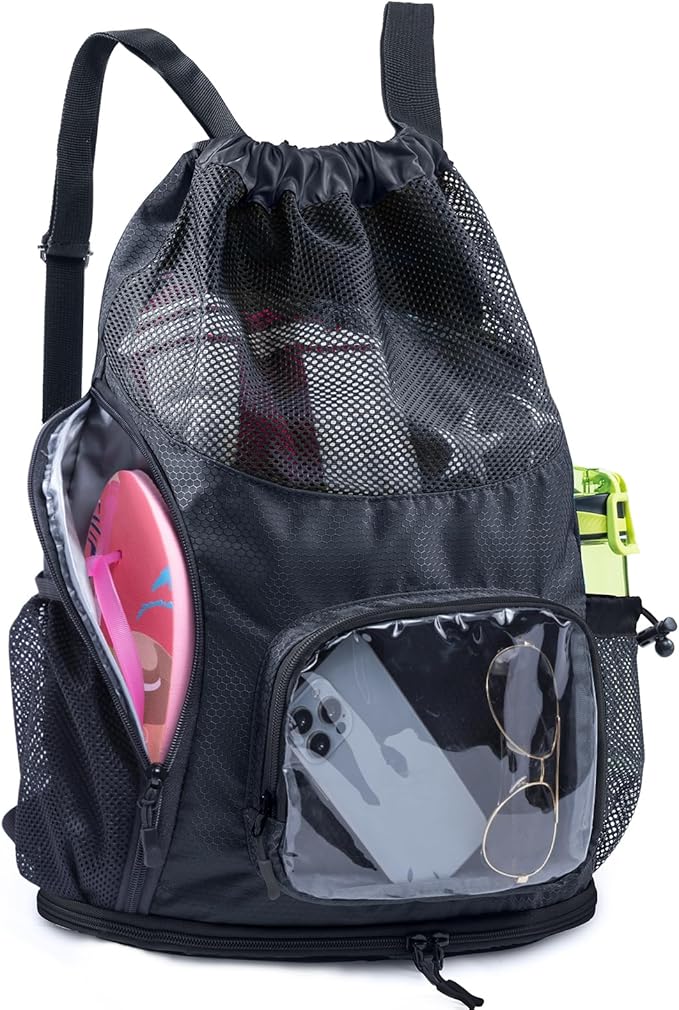 Drawstring Mesh Backpack - Beach/Pool Swim Bag with Shoe Compartment - Sandproof Wet Bag for Swimsuit - Summer Camp Essentials