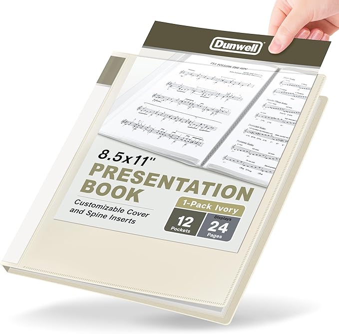Dunwell 12-Pocket Presentation Binder with Plastic Sleeves (24 Viewable Pages), 8.5x11 Portfolio Folder, Top-Loading Sheet Protectors, Customizable Cover, Organizer for Photos, Recipes (Ivory)
