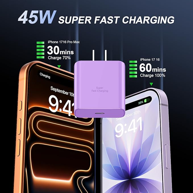 Phone 17 16 Pro Max Charger Fast Charging, 45W USB C Phone 17 16 Super Fast Charger Block with 6.6ft Long Type C Charging Cable Cord for i.Phone 17 Pro Max/17 Pro/17 Air/17/16/16Pro/16 ProMax-Purple