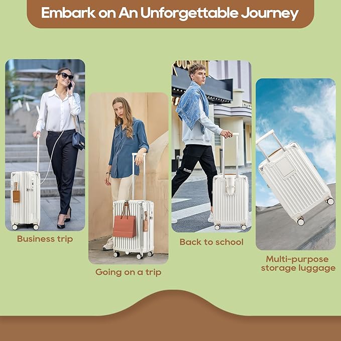Joyway 5 Piece Luggage Set with Cup Holder, Expandable 25% Capacity, Includes Handbag, Anti Slip Wheels, Hook, Smart Carry On Suitcase for Men and Women, Spinner Travel White