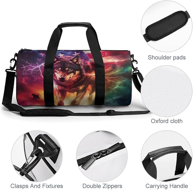Wolf U.S Flag Gym Bag Travel Duffel Bag Lightweight Carry On Bags Weekender Bags for Women Men