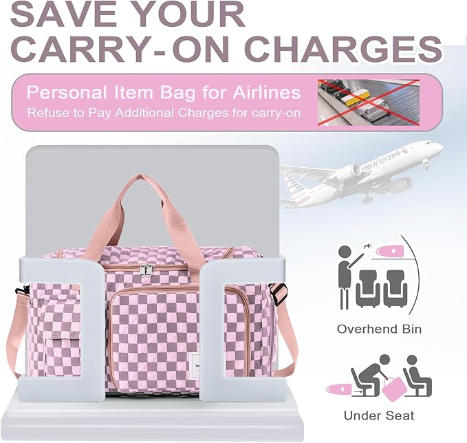 WOOMADA Foldable Travel Duffel Bag with Shoes Compartment, Overnight Bag with Wet Pocket & Trolley Sleeve, Weekender Bags for Women (pink checkerboard)