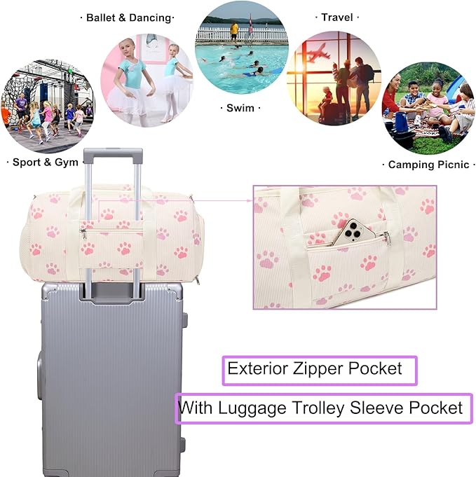 Dance Bag for Girls Sports Duffle Gym Ballet Weekender Overnight Bags with Separate Dry Wet Pocket and Shoes Compartment for Teen Girls Corduroy Sequined Cat（Cat Beige）