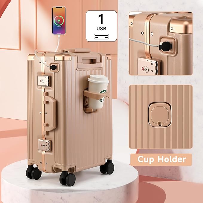 MYER Hard Shell Carry On Luggage 22x14x9 Airline Approved,20 Inch Aluminum Luggage with 100% 3-Layer PC,Carry On Suitcases with Wheels,Cup Holder and USB Port (Cornus Pink, 20 inch)