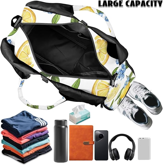 Gym Bag Women Lemon Duffel Bag with Wet Pocket, Shoes Compartment, Double Zipper, Small Duffle Bag Lightweight Breathable Waterproof Overnight Bag