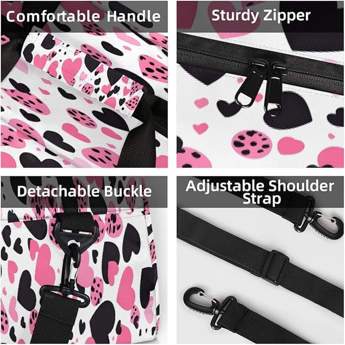 Pink And Black Leopard Print Hearts Sports Duffel Bags, Water-Resistant Gym Duffle Bag for Men Women, Lightweight Weekender Overnight Bag for Fitness, Workout, Travel