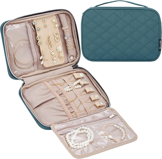 BELALIFE Travel Jewelry Organizer, Portable Jewelry Storage Case for Earrings, Rings, Necklaces, Bracelets, Lake-Blue