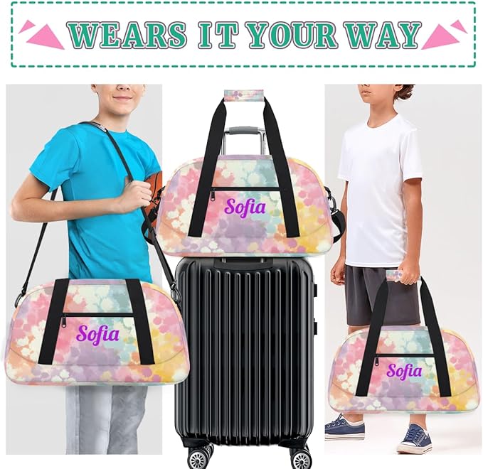 Custom Name Girl Gym Travel Duffle Bag with Front Zipper Pocket Personalizedfor Sports Bag for Overnight, Weekender, Carry On,Workout & Dance, 18.9 * 8.7 * 10.6 in,Yellow Pink Gray