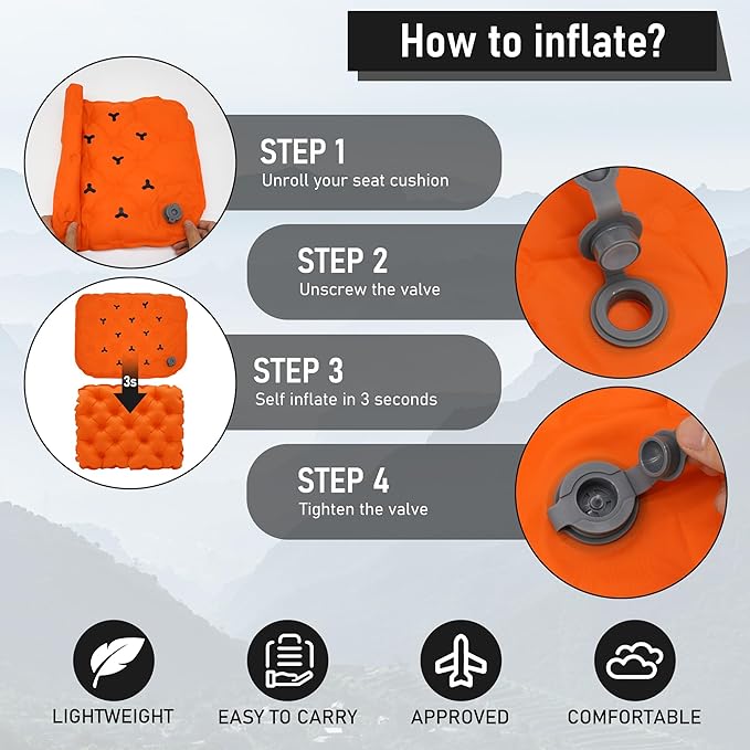 Inflatable Seat Cushion, Lightweight Stadium Seat Pad, Travel Air seat Cushion Anti-Slip for Airplane, Hiking, Climbing, Home and Camping,Orange