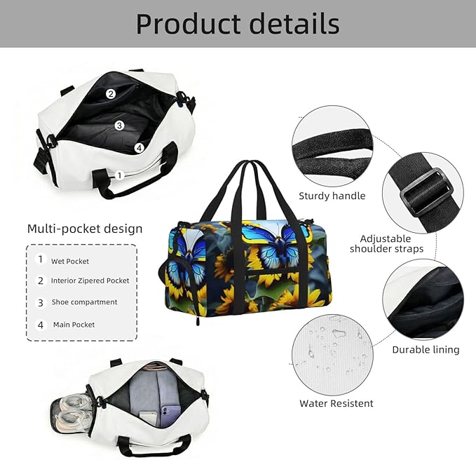 Sunflower Blue Butterfly Print Gym Bag with Shoe Compartment for Women Men, 17.7in Sports Duffle Weekender Tote, Overnight Travel Duffel Bag Carry On