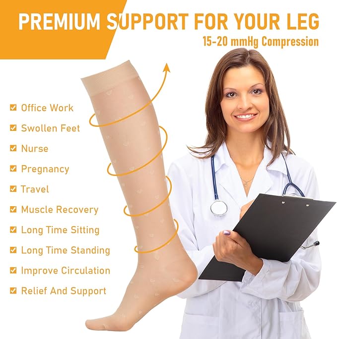 2 Pairs Sheer Compression Socks for Women - 15-20 mmHg Knee High Sheer Compression Stockings for Support Circulation Swelling Edema Work Office Travel, Heart, Large