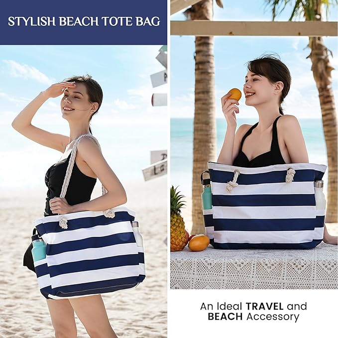 Clothirily Beach Bag for Women - Large Beach Tote Bag, Waterproof Sandproof Beach Bag with Zipper, Large Swim Pool Beach Tote