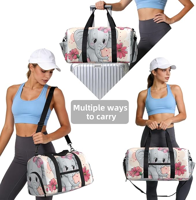 Sports Gym Bag Cute Elephant Pink Flower Butterfly Travel Duffel Bag With Shoe Compartment Shoulder Strap, Lightweight Water-Resistant Weekend Overnight Totes For Women Men