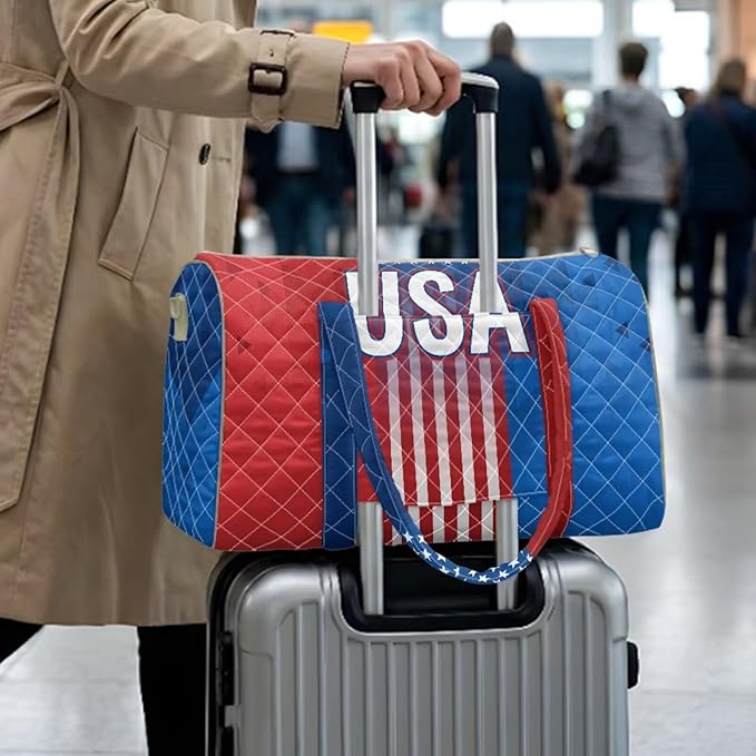 COEQINE American Flag Quilted Duffle Bag for Women Men Travel Red Blue USA Overnight Weekend Gym Carry On Luggage Bag Adjustable Shoulder Strap & Top Handle