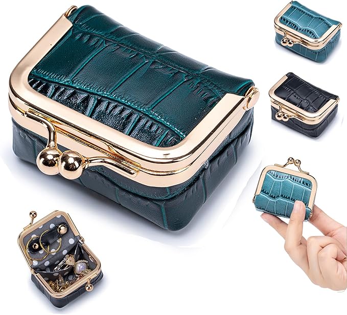Genuine Leather Mini Jewelry Box & Coin Purse for Women, Travel Jewelry Case with Kiss Lock, Holds Earrings, Rings, Necklace, Bracelet, Coins (Green Crocdile Pattern)