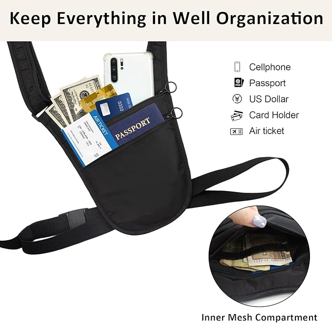 Long Keeper Money Belt for Travel Anti-Theft Crossbody Passport Holder for Women Men Hidden Slim Neck Wallet Under Clothes (Black)
