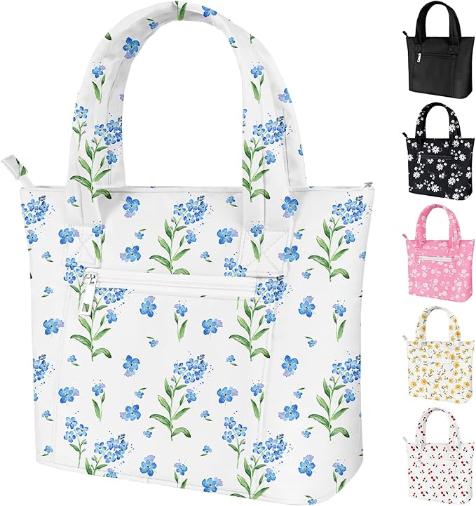 Tote Lunch Bag Women Stylish Quilted Lunch Boxes for Adult Fit and Fresh Cooler Insulated Lunchbox for Work Large 10 Liters Cute Compact Lunchbag Waterproof Blue Floral