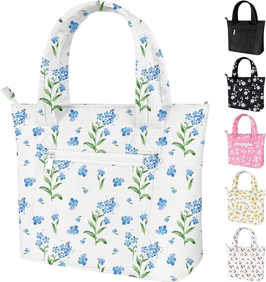 Tote Lunch Bag Women Stylish Quilted Lunch Boxes for Adult Fit and Fresh Cooler Insulated Lunchbox for Work Large 10 Liters Cute Compact Lunchbag Waterproof Blue Floral