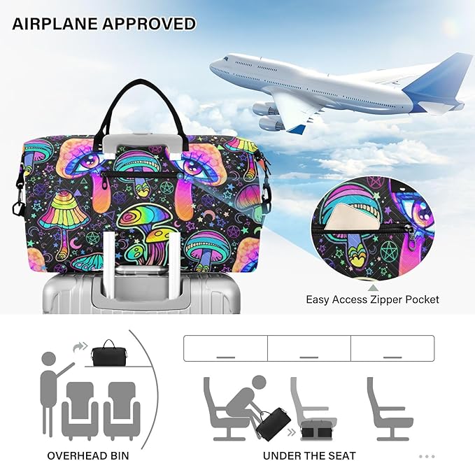 Magic Mushrooms Quilted Travel Bags Weekender Duffle Bags With Toiletry Bag Carry on Overnight Duffels Yoga Gym Bag for Airplanes Business Sports