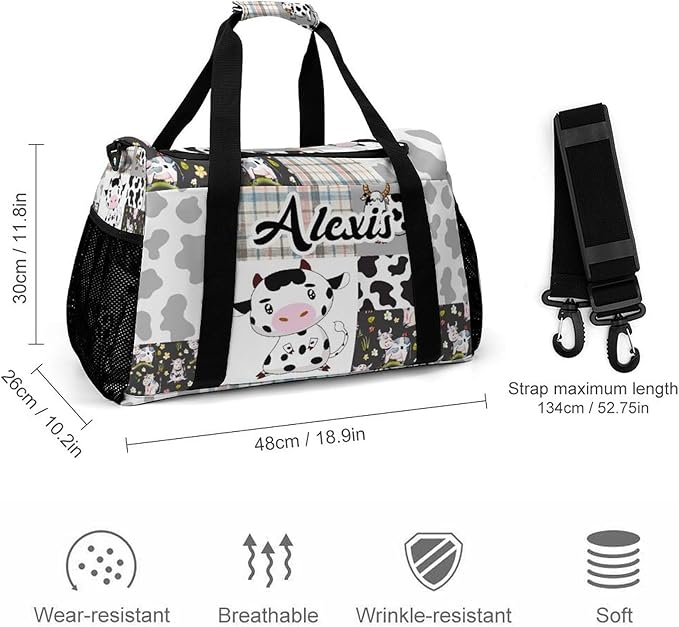 Personalized Name Sports Player Duffel Bags with Adjustable Shoulder Strap for Shoes Silver Gray Patchwork Cow Pattern Handheld Crossbody Travel Bag
