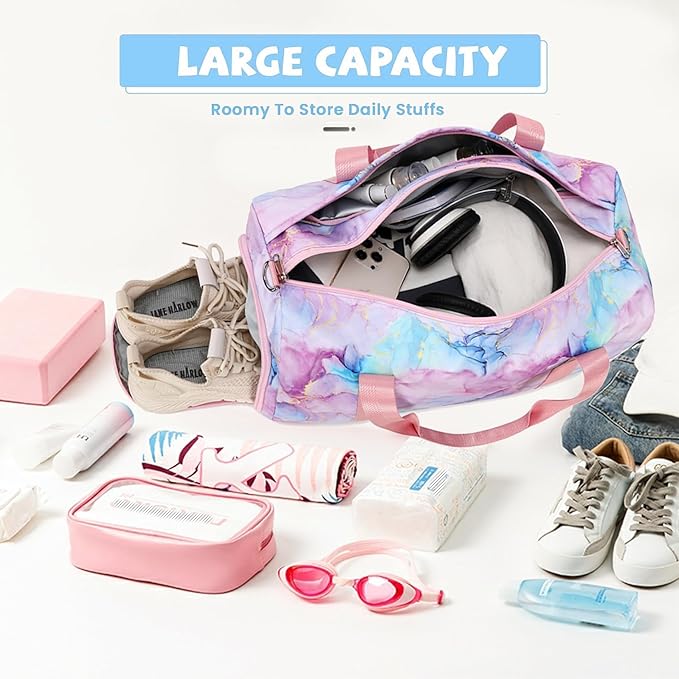 Dance Bag for Girls Gymnastics Ballet Bag Teens Gym Sports Bags Girls Overnight Sleepover Kids Duffle Bags with Shoe Compartments and Wet Pocket,Marble Pink