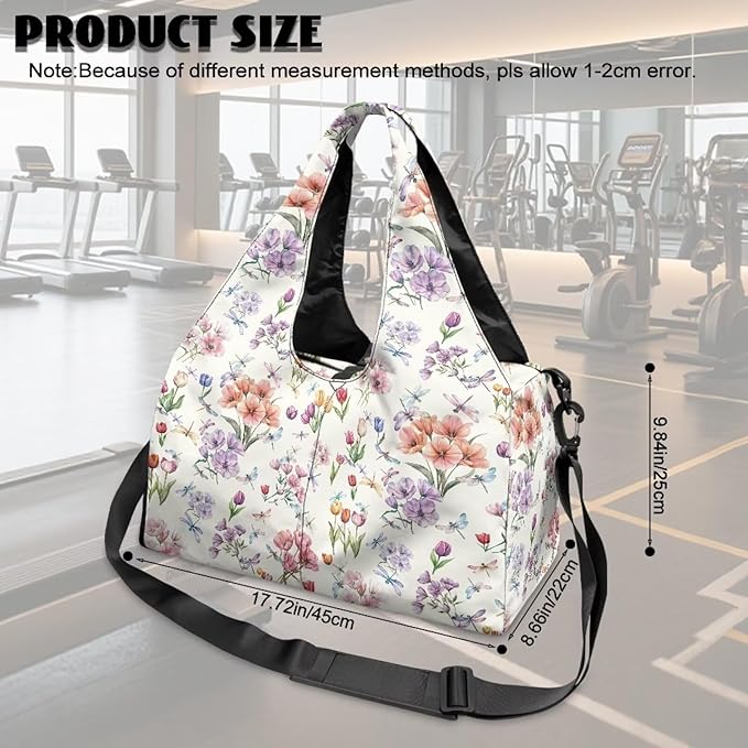 Tulip Floral Print Gym Bag for Women Duffle Bag with Shoe Compartment and Yoga Mat Holder Carry On Tote Bags for Sports Travel Hospital Fitness Swim Elegant Tote Bags with Zipper