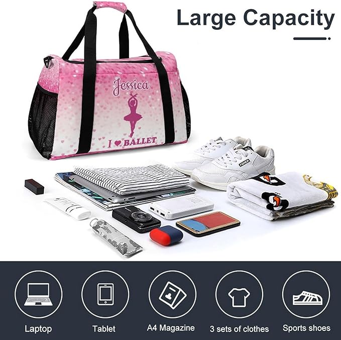 Pink Love Ballet Glitter Ombre Print Personalized Travel Bag with Name Lightweight Luggage Duffle Water-Resistant Gym Bag with Adjustable Strap for Men & Women