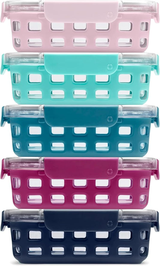 Ello Duraglass 3.4 Cup Meal Prep Sets 10Pc, 5 Pack Set- Glass Food Storage Container with Silicone Sleeve and Airtight BPA-Free Plastic Lids, Dishwasher, Microwave, and Freezer Safe, Evening Orchard