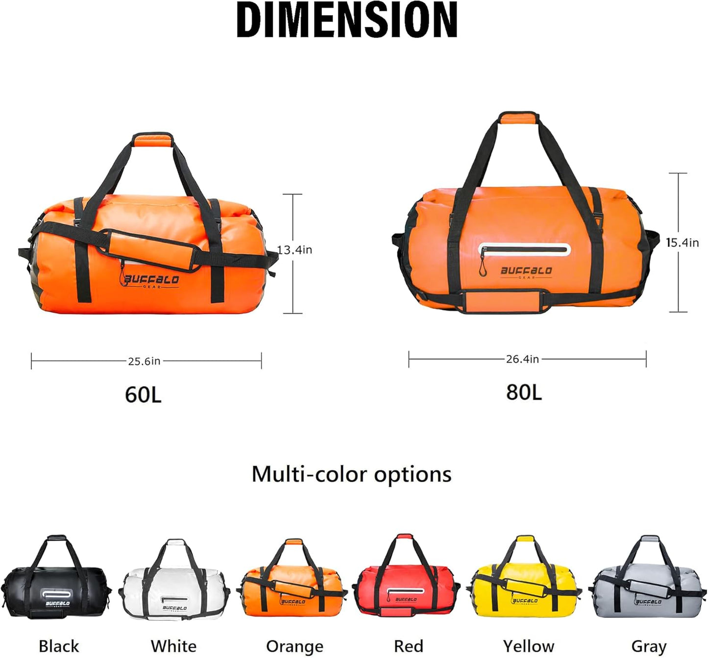 Buffalo Gear Waterproof Duffle Bag 40L 60L 80L Roll-top Dry Bag Heavy Duty Waterproof Duffel Travel Bag for Kayaking Rafting Boating Fishing Camping
