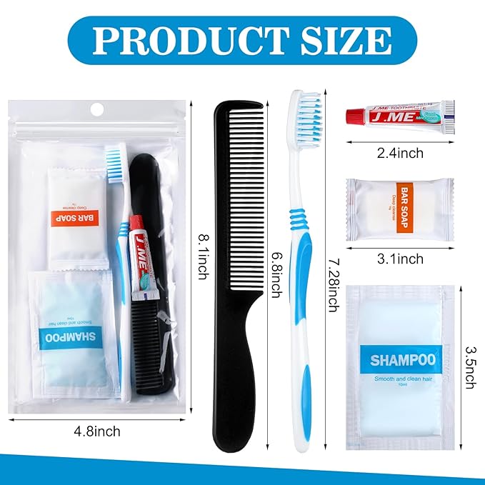 96 Sets Personal Hygiene Kit Basic Toiletry Kits Homeless Supplies Bulk for Women, Men, Travel, Charity, Business Include 96 Shampoo, 96 Toothbrush, 96 Toothpaste, 96 Comb, and 96 Bath Soap