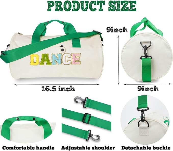Dance Duffle Bag for Girls,Toddler Teens with Chenille Patches,Cute Ballet, Cheer, Gymnastics Class Bag for Kids, Toddler Girls,Teens,16.5"Lx9"Wx9"H Large Capacity Overnight Travel Bag (Green&Cream)