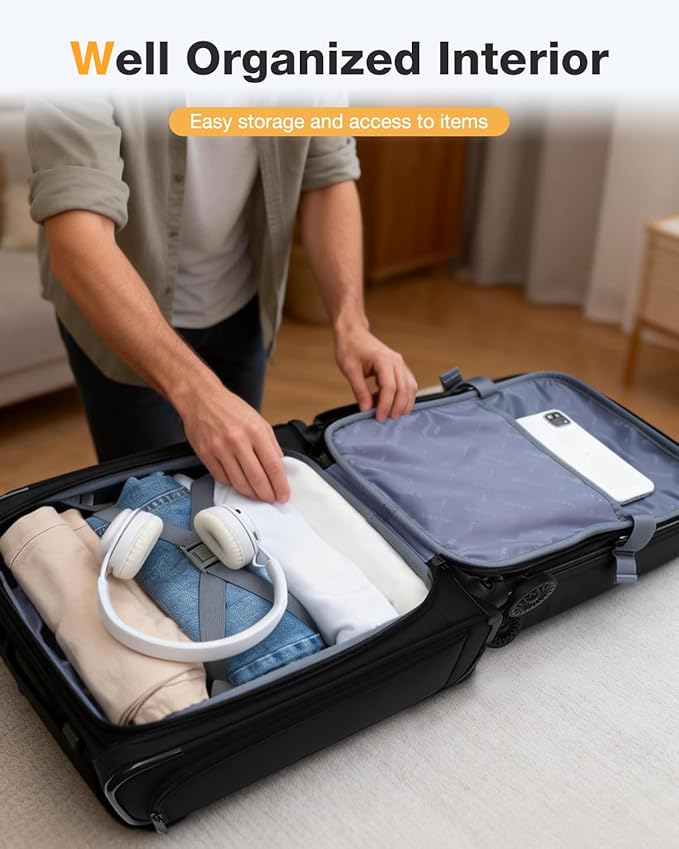 Underseat Carry On Luggage with Wheels, 16 Inch Softside Suitcase with Detachable Wheels, Lightweight Overnight Bag Travel Luggage with Spinner Wheels for Women Men, Black
