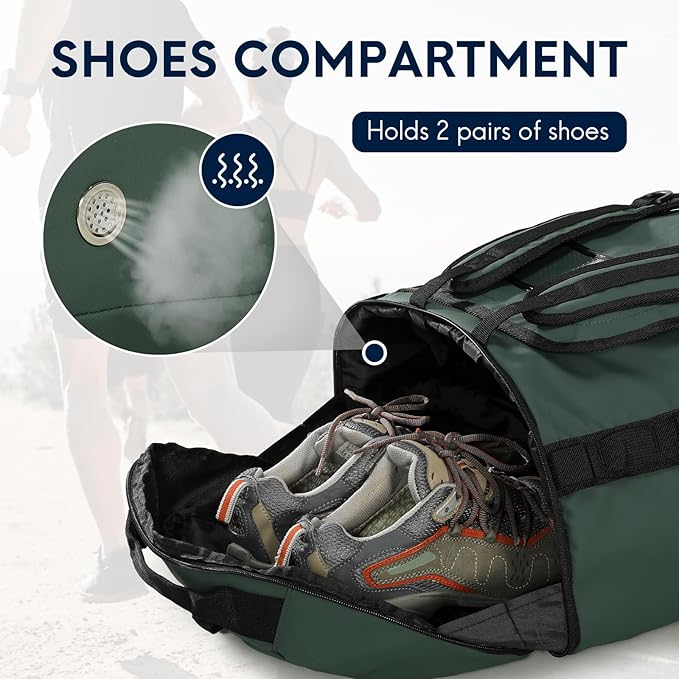 Haimont 50L Travel Duffle Bag for Men Women Foldable Sports Duffle Backpack for Gym Hiking Camping Workout Outdoor with Pocket & Shoe Compartment, Upgrade, Army Green
