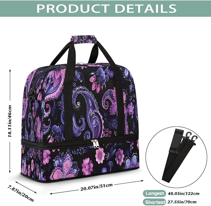 Purple Pink Abstract Paisley Large Weekender Bag with Shoe Compartment Travel Duffel Bags for Women Carry On Hospital Overnight Bag Foldable Personal Item Travel Bags Tote Gym Sports Airplanes