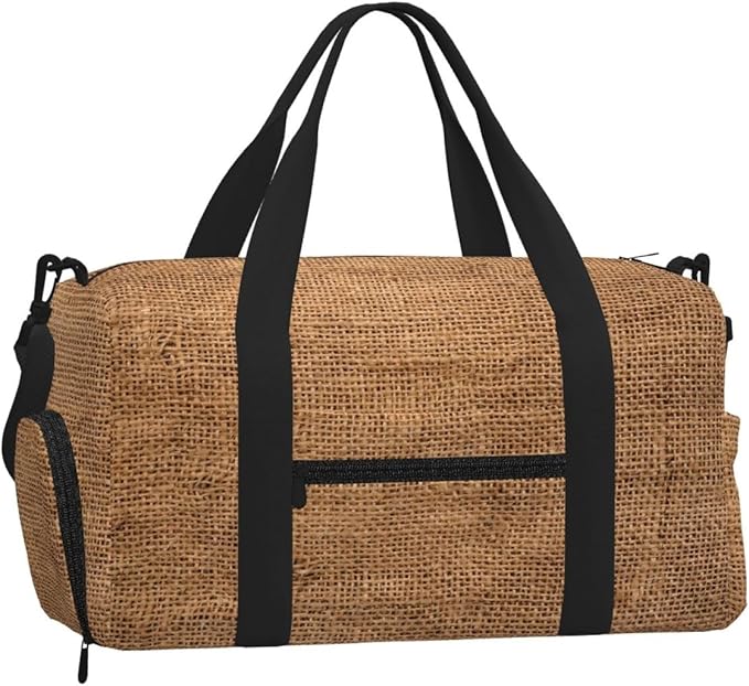 Brown Burlap Cloth Sack Texture Women'S Gym Duffle Bag With Shoes Compartment, Ideal For Travel, Gym, Sports, Duffel, Weekender