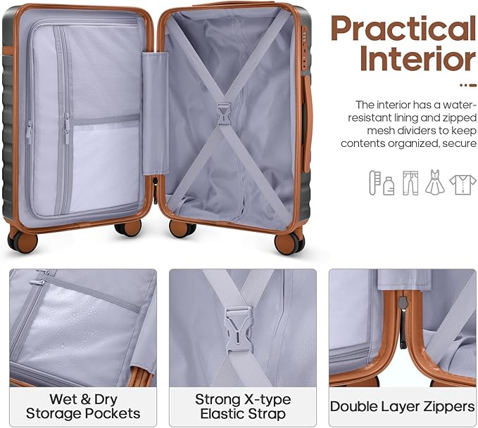 UKEIN Luggage Sets 3 Piece, PC Hardside Large Luggage 24 Inch With Spinner Wheels with TSA Lock, Carry On Suitcase Set With Travel Backpack (Grey, 3 piece set (24inch))