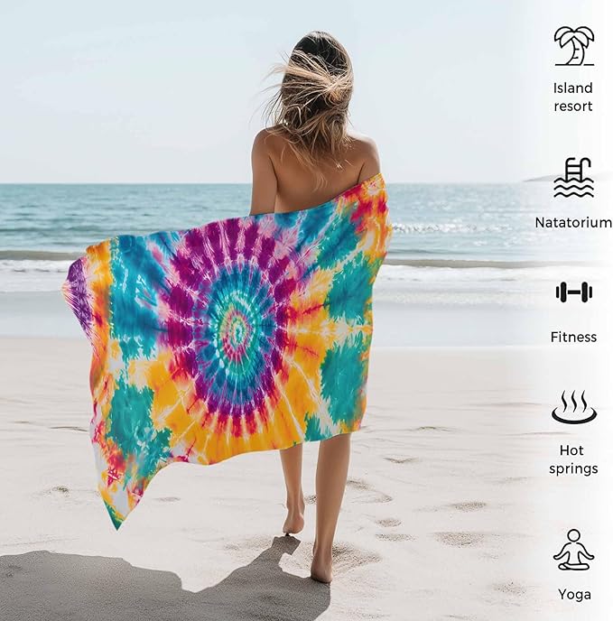 Abstract Tie-Dye Art Beach Towel 35" x 71" Purple Yellow Teal Watercolor Gradient Quick Dry Sand Free Pool Towels Soft & Absorbent Compact Towels Beach Accessories for Travel Bathroom Swimming Pool