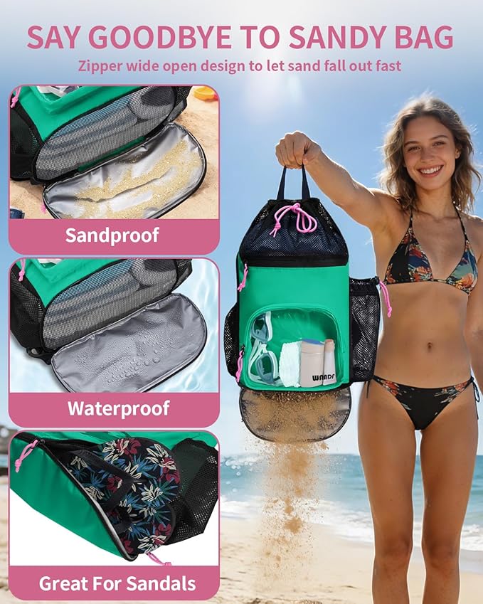 WANDF Swim Bag with Wet Pockets, Sandproof Beach Backpack with 40oz Tumbler Side Pockets, Mesh Drawstring Backpack Swim Bag for Swimming, Pool, Gym and Workout Gear (Green)