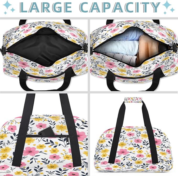 Gym Bag for Women Men, Pink Yellow Floral Travel Duffle Bags for Dance Ballet Overnight, Carry-On Weekender Bag with Detachable Shoulder Strap