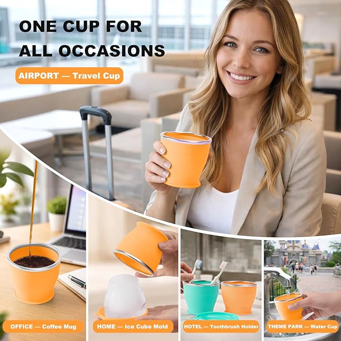 Collapsible Travel Cup, BPA-Free Reusable Water Cup, Lightweight Drinking Cups with Lids and Carrying Strap, Dishwasher Safe Silicone Cups for Camping, Travel, Airports, Hotel (6.7oz, Orange)