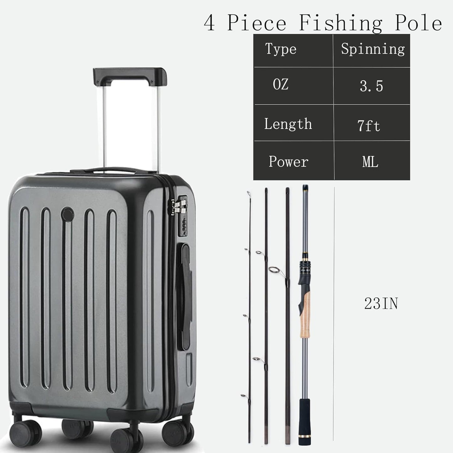 Travel Fishing Pole Combo， 4 Piece Carbon Fiber Spinning Rod Spinning Reel 7ft Braided Line Fishing Carrier Bag for Travel Saltwater Freshwater