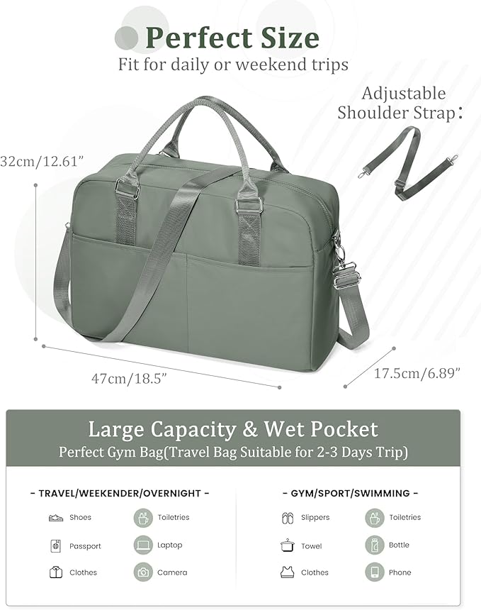 Gym Bag for Women,Travel Duffle Bag for Travel with Wet Pocket Weekender Overnight Carry On Tote Bag Luggage Bag with Trolley Sleeve Personal Item Travel Bag Hospital Diaper Bag Green